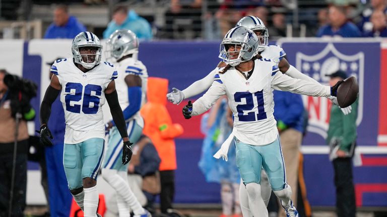 Dallas Cowboys&#39; Stephon Gilmore (21) celebrates an interception during the first half of an NFL football game against the New York Giants, Sunday, Sept. 10, 2023, in East Rutherford, N.J. (AP Photo/Bryan Woolston)