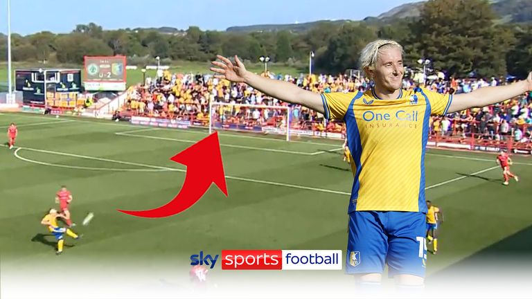Mansfield&#39;s Aaron Lewis volleys the Accrington goalkeeper&#39;s clearance, first-time, to score what is surely one of the goals of the season..