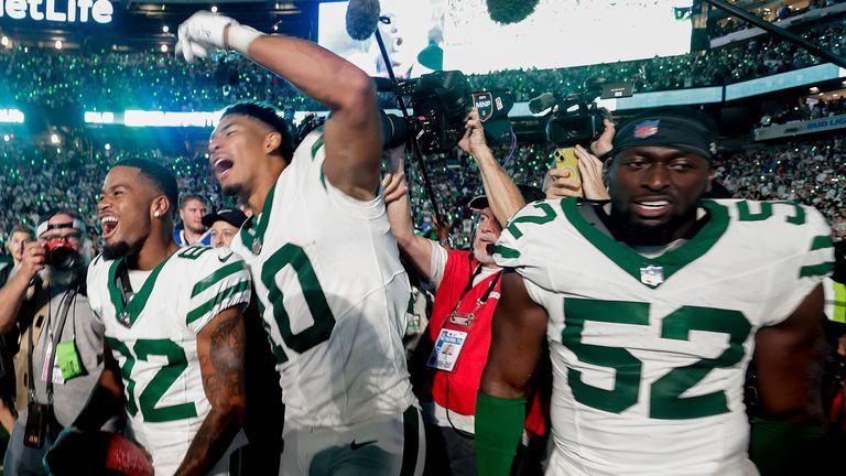 New York Jets wide receiver Xavier Gipson (82) celebrates with teammates after returning a kickoff for a touchdown against the Buffalo Bills in overtime of an NFL football game, Monday, Sept. 11, 2023, in East Rutherford, N.J. 